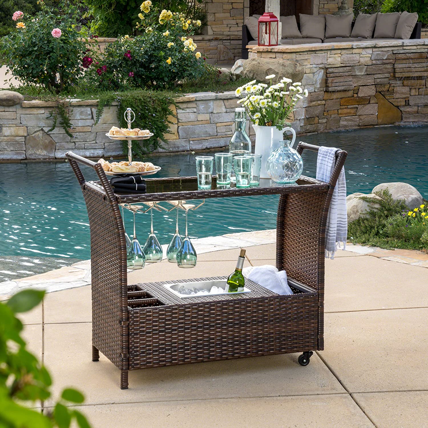 Bahama Outdoor Wicker/Glass Bar Cart